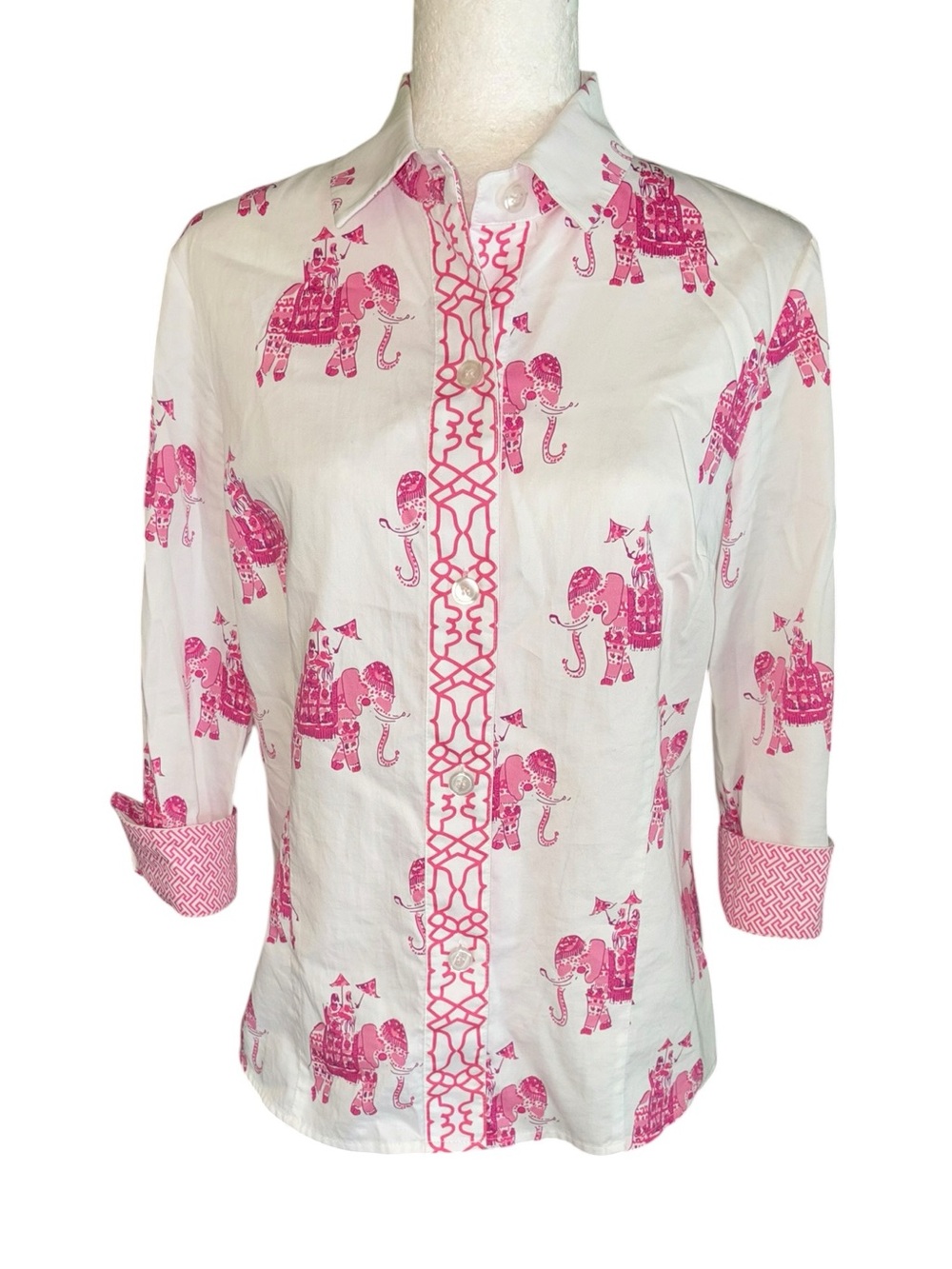 Patty Kim Pink & White Elephant Asian Contrast Print Button Down Blouse - S